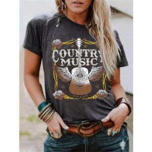 Women's Short Sleeve Round Neck T-Shirt - Winged Guitar & Letter Print, Summer Casual Tee