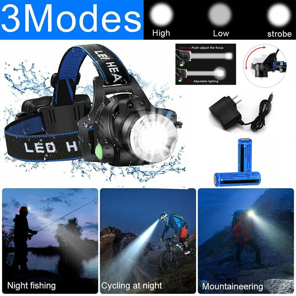 LED Headlamp Rechargeable Head Torch Zoom Headlight Super Bright Flashlight 3 Modes Work Light With 2 Li-ion Batteries Charger - Image 3