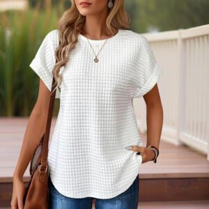 Women's Solid Color Round Neck Short Sleeve Top - Textured Cuff Detail Comfortable Summer Casual Tee