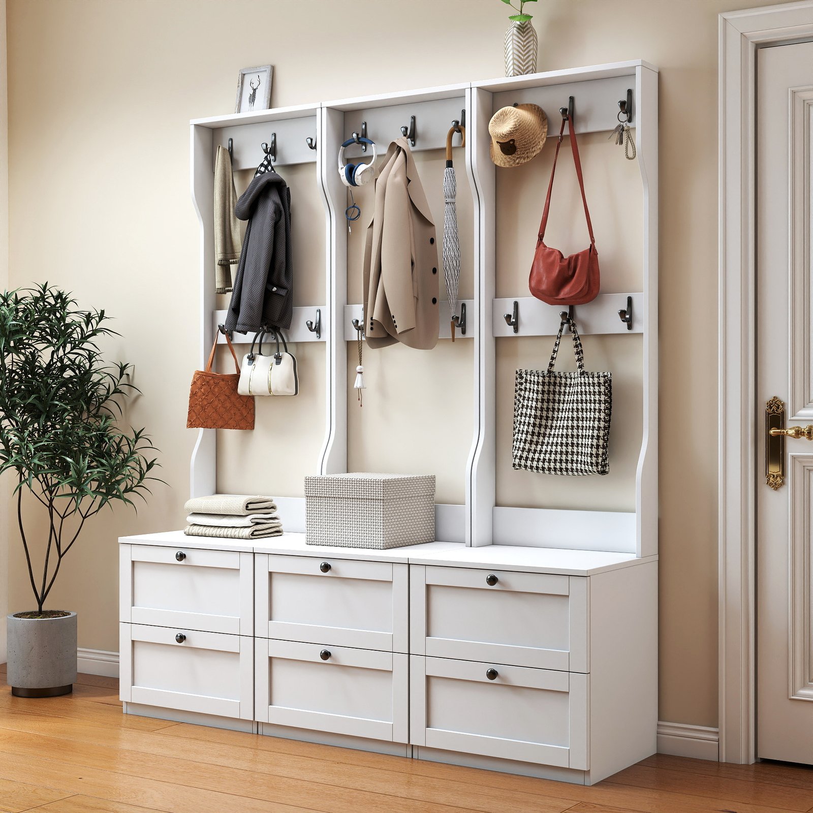 2-in-1 Coat Rack And Nightstand,Wood Bedside Entryway Storage Organizer With Drawer & Hooks, Freestanding Clothes Hanger For Bedroom,Hallway - Image 3