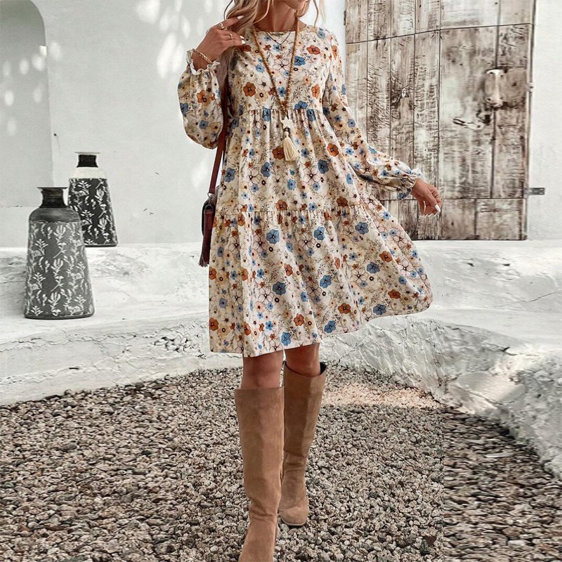 Women's Floral Print Boho Dress, Round Neck Smocked Cuff Sleeve Midi Dress With Patchwork Design For Spring And Fall - Image 2