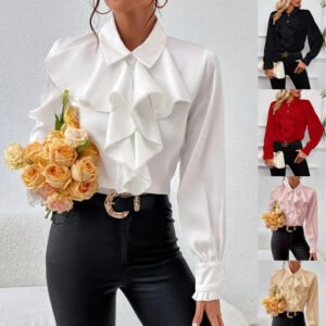Women's Ruffled Collared Blouse, Long Sleeve Dressy Casual Shirt, Fall Business Casual Work Tops