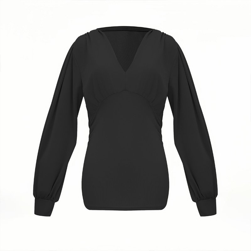 Women's Elegant Solid Color Deep V-Neck Long Sleeve Top With Draped Detail - Casual Pullover Blouse For Spring&Fall - Image 3