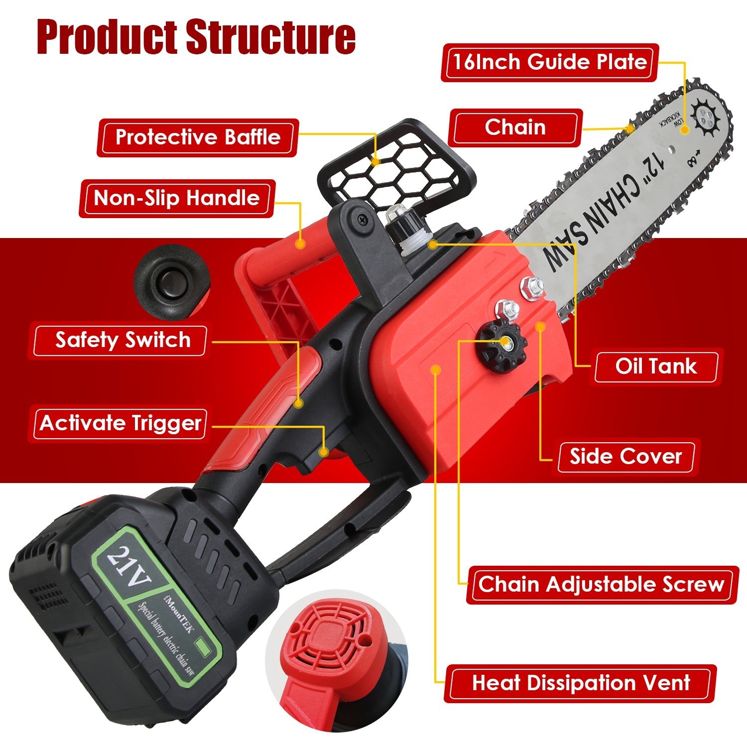 1Pc 12Inch Electric Cordless Chainsaw With 2Pcs 21V 3000mAh Battery And Charger Brushless Battery Operated Handheld Chainsaw With Auto Oiler Safety Switch For Tree Trimming Wood Cutting - Image 3