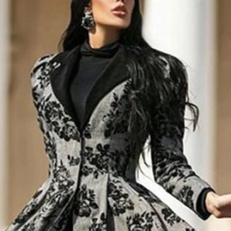 Women's Autumn Winter Long Sleeve Lace Trim Floral Print Vintage Long Trench Coat - Image 2