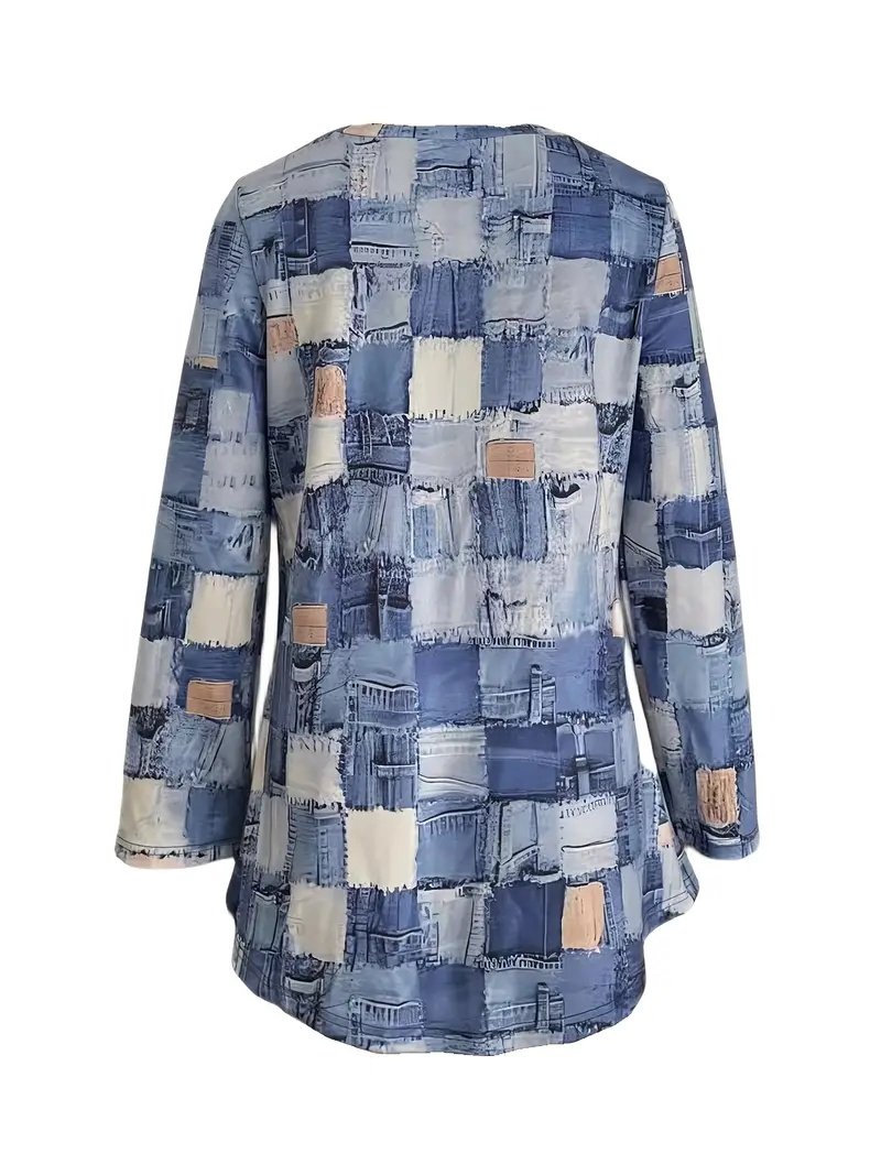 Spring-autumn New Long-sleeved Plaid Print Blue T-shirt With Round Neck Midi Top - Image 3