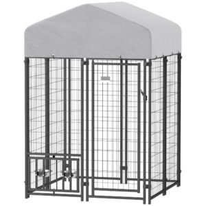 Welded Wire Outdoor Dog Kennel With 360 Rotating & 4 Levels Adjustable Bowls, Waterproof Cover, 3.9 X 3.9 X 6